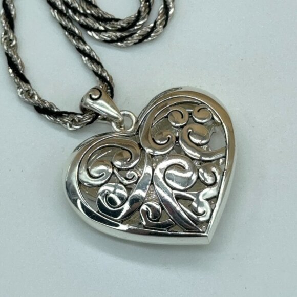 Puffy Heart Necklace Silver Tone Open Work Scroll Design Black Silver Rope Chain - Picture 6 of 8
